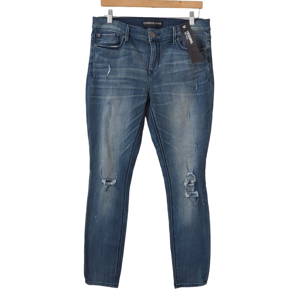 NWT Express‎ Womens Jeans Size 12 R Legging Mid Rise Distressed Skinny Denim
